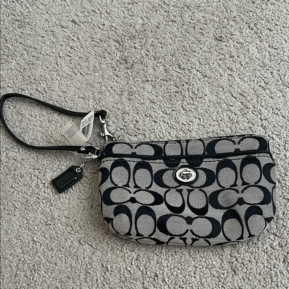 Coach Black and Gray Signature Canvas Wristlet with Turnlock